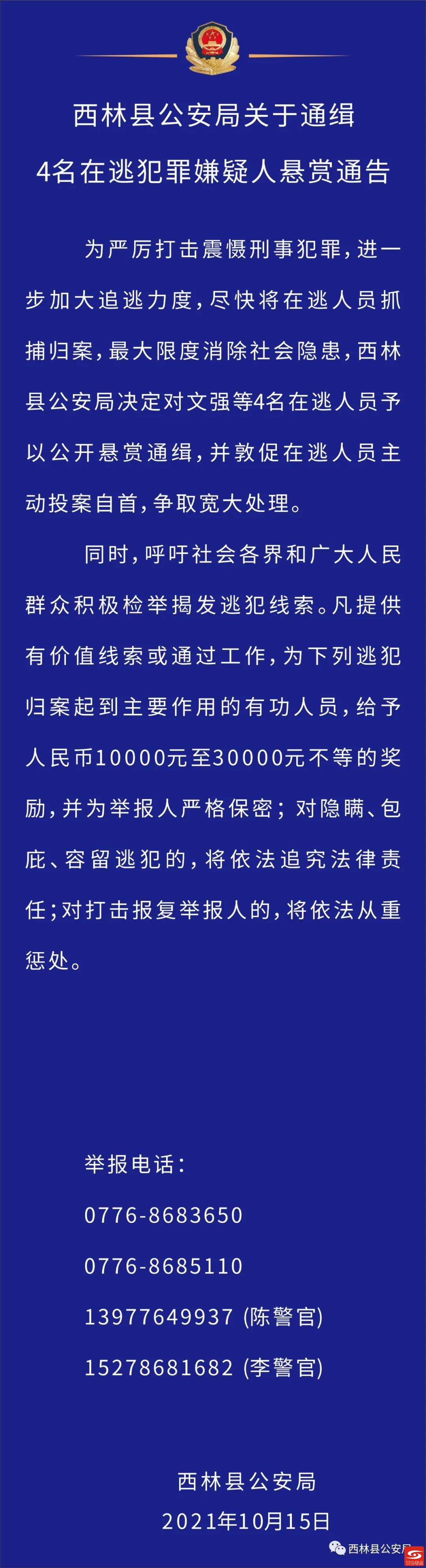 扩散！百色警方公开悬赏缉捕4名在逃犯罪嫌疑人 扩散,百色,警方,公开,悬赏