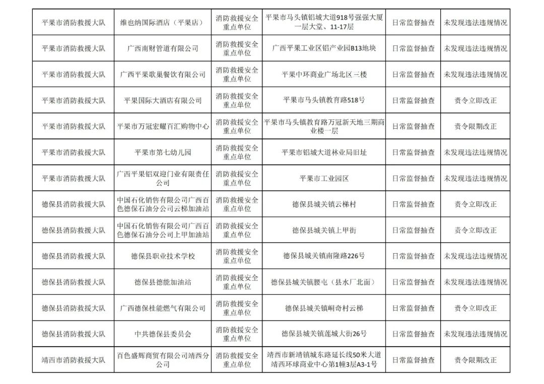 百色市消防救援支队见年11月份全市“双随机、一公开”检查&quot;结果 百色,百色市,消防,消防救援,救援