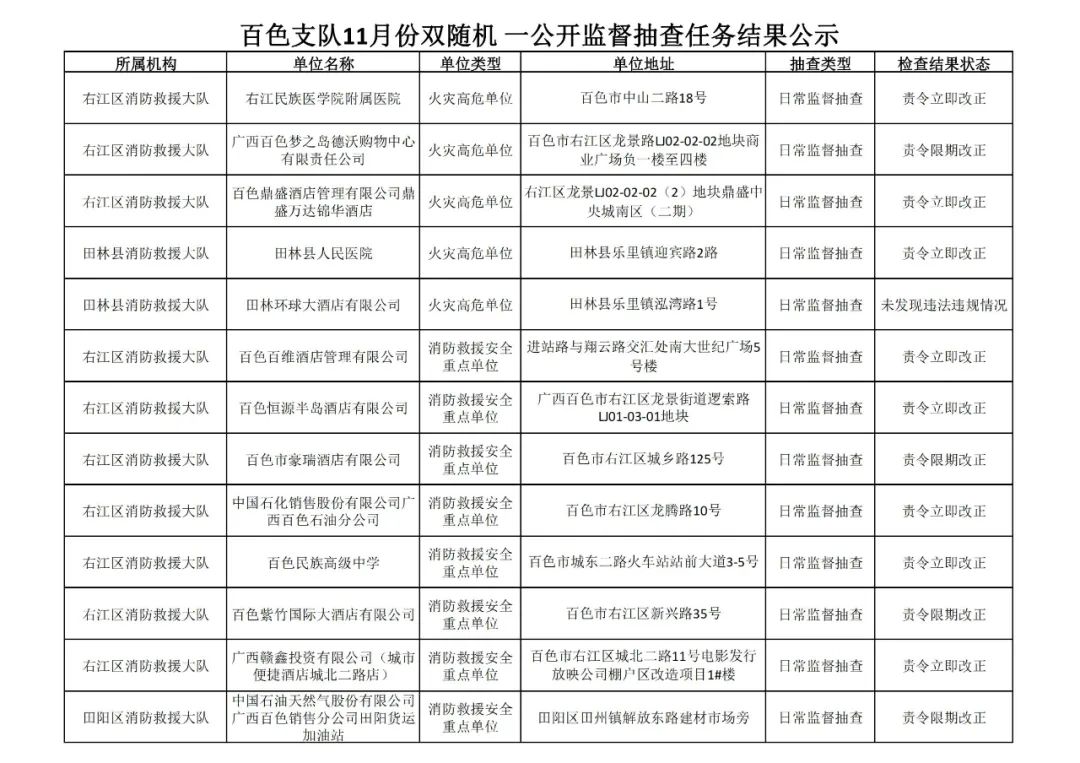 百色市消防救援支队见年11月份全市“双随机、一公开”检查&quot;结果 百色,百色市,消防,消防救援,救援