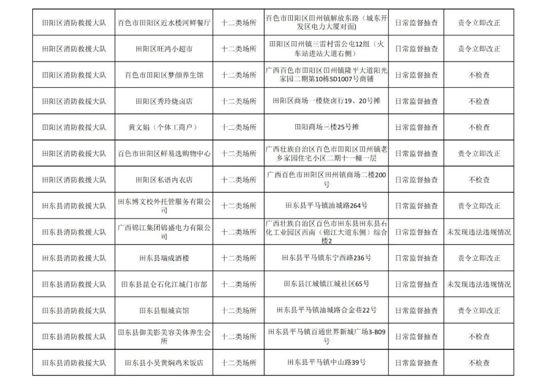 百色市消防救援支队见年11月份全市“双随机、一公开”检查&quot;结果 百色,百色市,消防,消防救援,救援