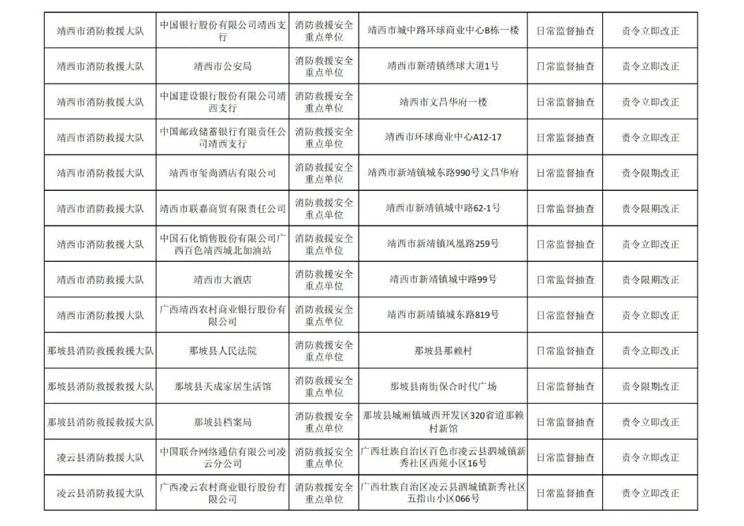 百色市消防救援支队见年11月份全市“双随机、一公开”检查&quot;结果 百色,百色市,消防,消防救援,救援