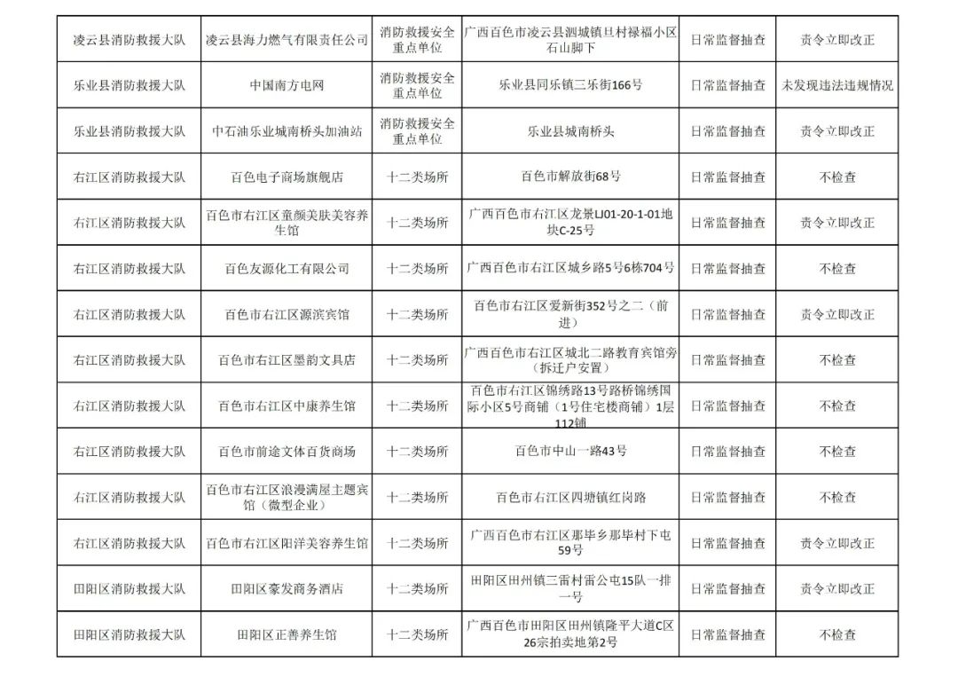 百色市消防救援支队见年11月份全市“双随机、一公开”检查&quot;结果 百色,百色市,消防,消防救援,救援