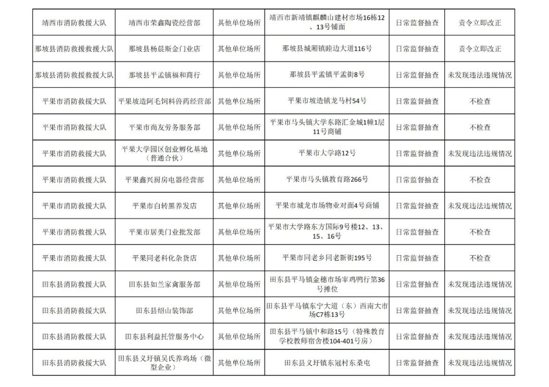 百色市消防救援支队见年11月份全市“双随机、一公开”检查&quot;结果 百色,百色市,消防,消防救援,救援