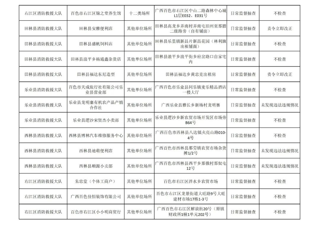 百色市消防救援支队见年11月份全市“双随机、一公开”检查&quot;结果 百色,百色市,消防,消防救援,救援