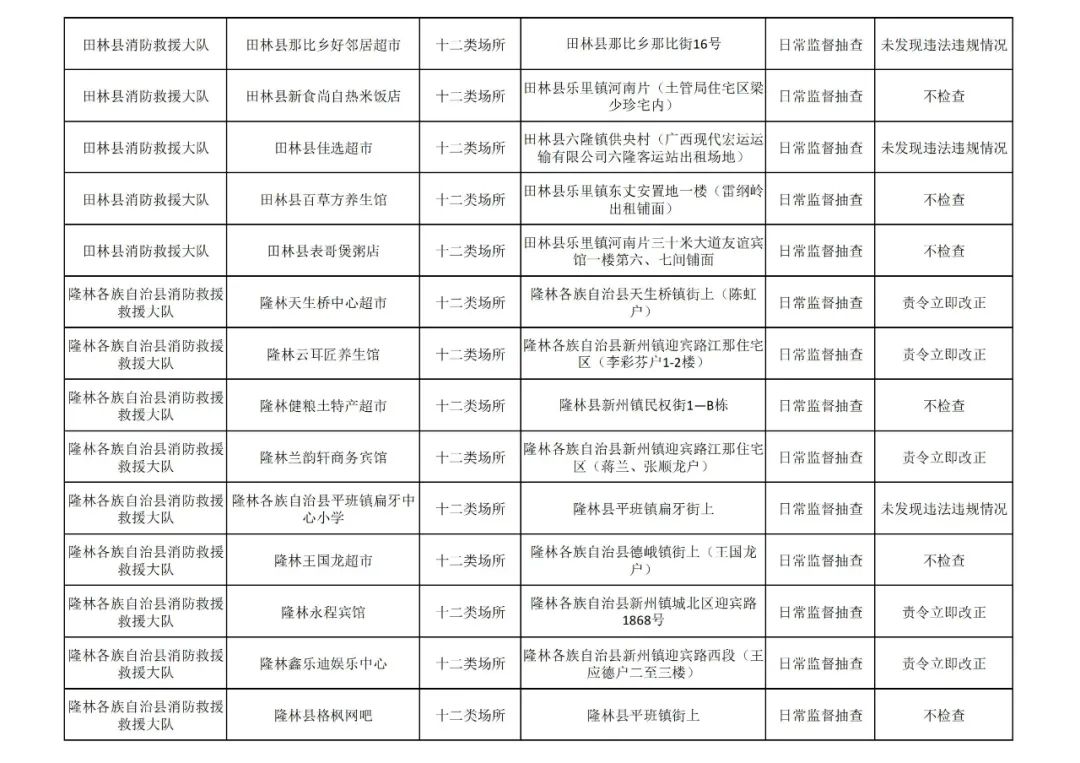 百色市消防救援支队见年11月份全市“双随机、一公开”检查&quot;结果 百色,百色市,消防,消防救援,救援