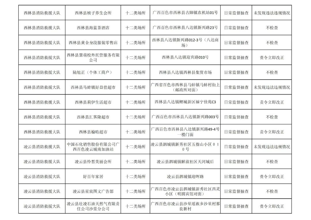 百色市消防救援支队见年11月份全市“双随机、一公开”检查&quot;结果 百色,百色市,消防,消防救援,救援