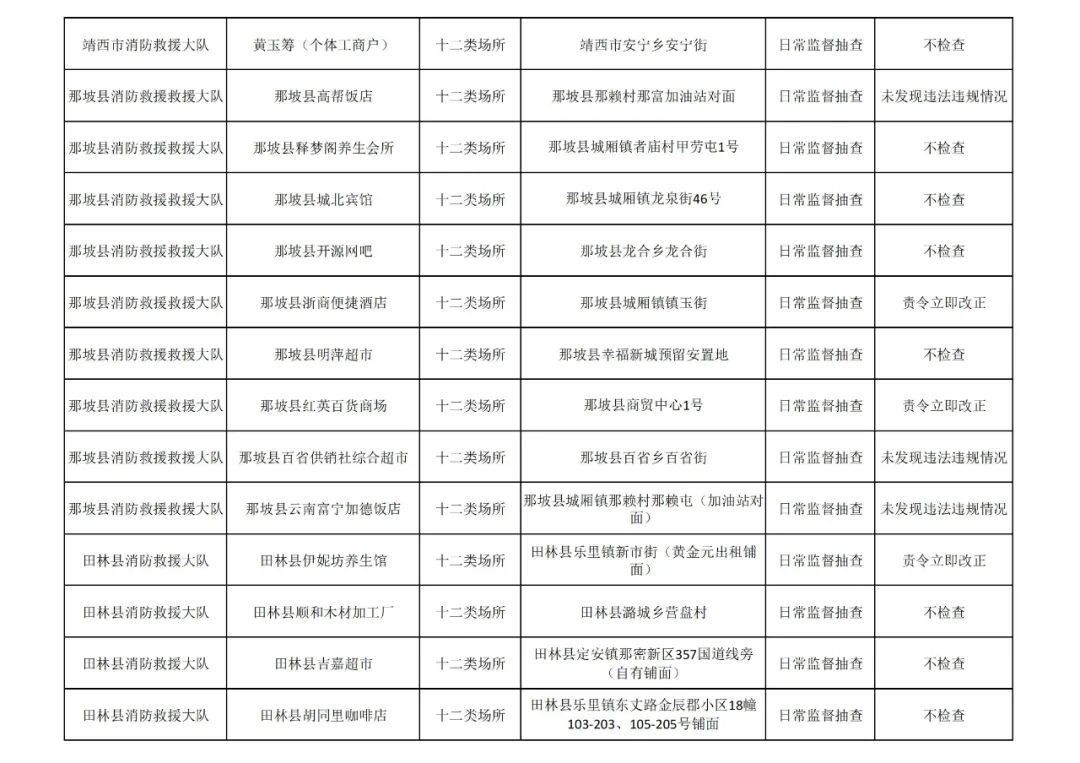 百色市消防救援支队见年11月份全市“双随机、一公开”检查&quot;结果 百色,百色市,消防,消防救援,救援