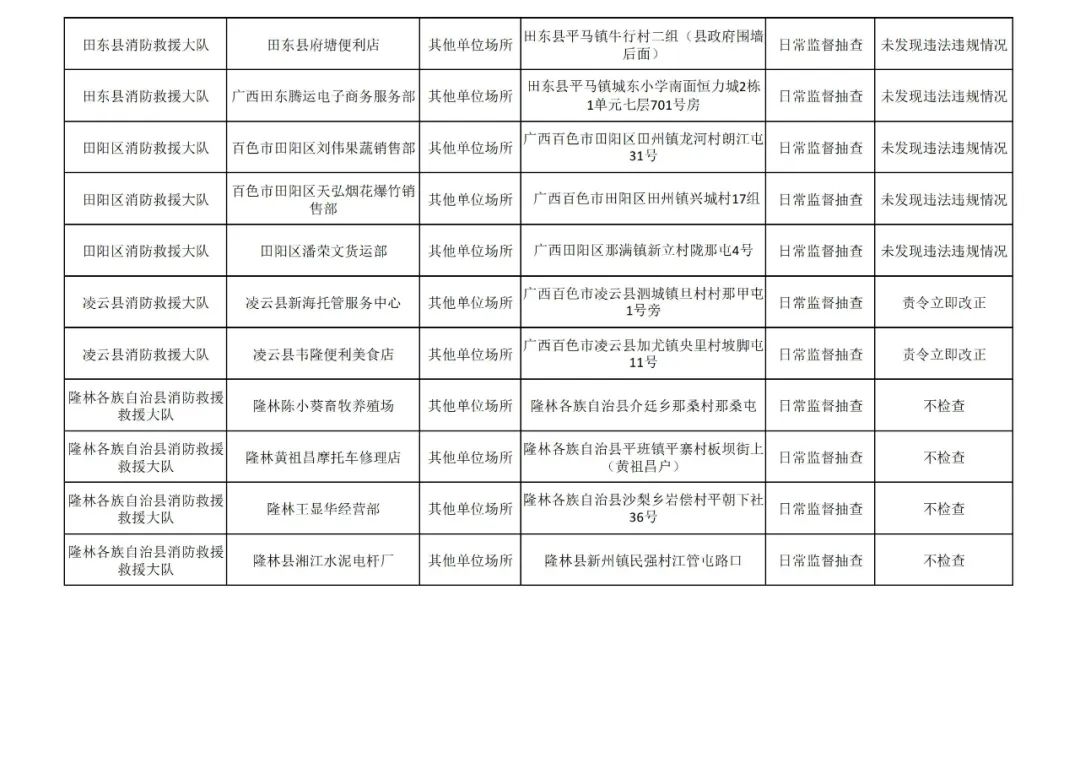 百色市消防救援支队见年11月份全市“双随机、一公开”检查&quot;结果 百色,百色市,消防,消防救援,救援